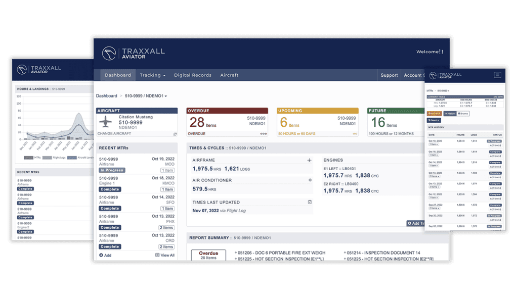 Screenshots of the Traxxall Aviator application